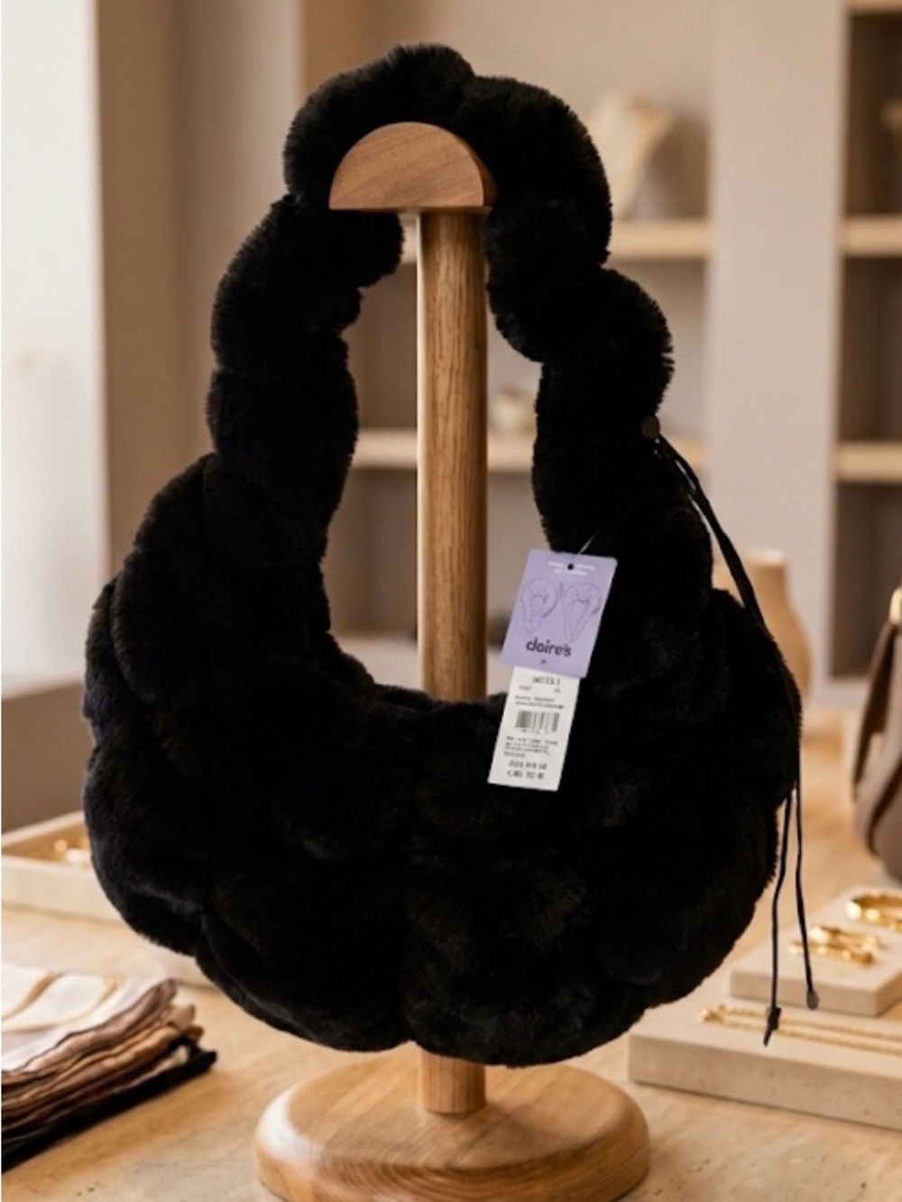 Claire's Black Faux-Fur Hobo Shoulder Bag